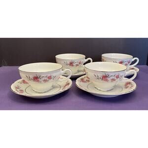 (4) Roslyn Kyoto Japan Cup & Saucer Sets Pink Roses Gray Leaves Platinum Trim
